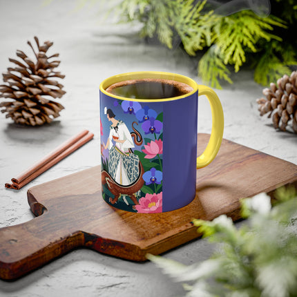 The Lady And The Garden Dragon Colorful Mugs – Art Deco Mythical Botanical Elegance