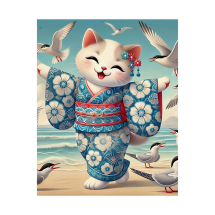 🌊🐱 Geisha Kitten by the Seaside Matte Vertical Poster – Coastal Charm & Ocean Breeze