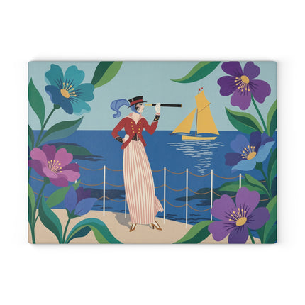 🔭⛵ The Lady Of The Seaside Spyglass Glass Cutting Board – Art Deco Coastal Elegance