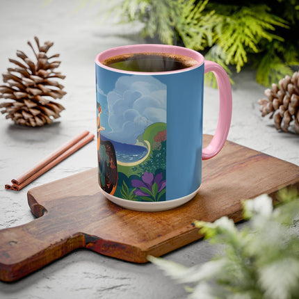The Lady And The Sea Breeze Colorful Mugs – Art Deco Coastal Serenity