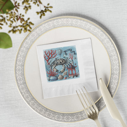 Spotted Crab & Pagoda White Coined Napkins – Mystical Ocean & Asian Harmony