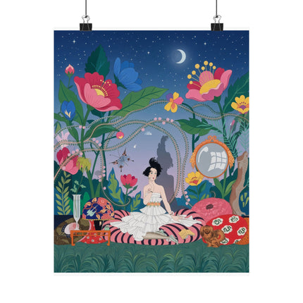 🌙🌺 The Midnight Garden Reverie Matte Vertical Poster – Art Deco Botanical Whimsy