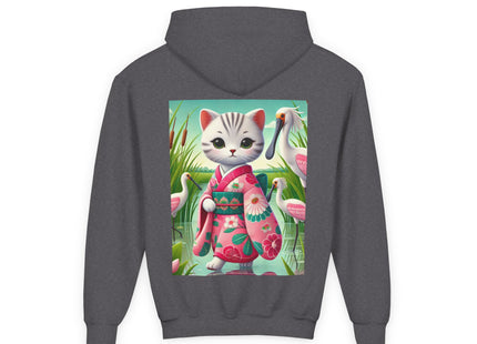 Geisha Kitten Strolls Among the Spoonbills Youth Heavy Blend Hooded Sweatshirt
