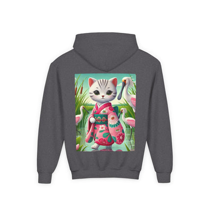 Geisha Kitten Strolls Among the Spoonbills Youth Hooded Sweatshirt – Graceful Nature & Whimsical Charm