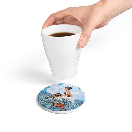 🦀🌊 The Seaside Crab Ride Ceramic Coaster – Art Deco Beach Whimsy