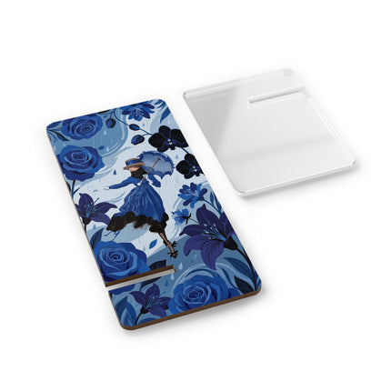 ☔🌹 The Lady In The Blue Rain Mobile Display Stand – Art Deco Floral Elegance