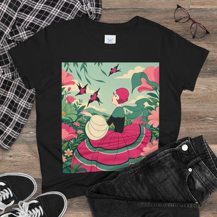 🐦🌺 The Garden Of Flying Birds Cotton Tee – Art Deco Floral Whimsy