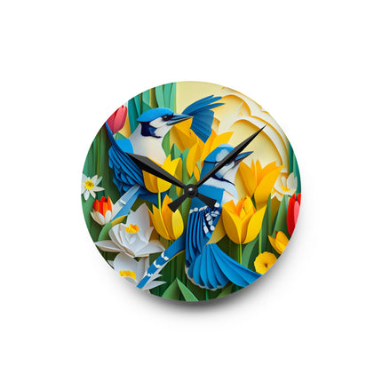 Blue Jays in a Spring Garden Acrylic Wall Clock, Round and Square
