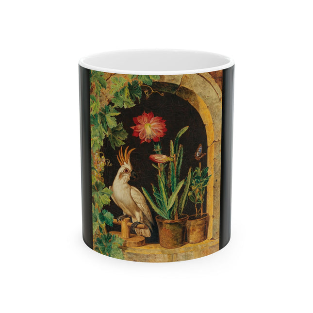 A Cockatoo at the Window with Blooming Cactus by Ferdinand Küss Ceramic Mug 11oz