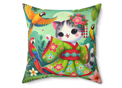 Parrot Dance of the Geisha Kitten Spun Polyester Square Pillow