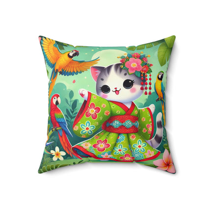 Parrot Dance of the Geisha Kitten Spun Polyester Square Pillow