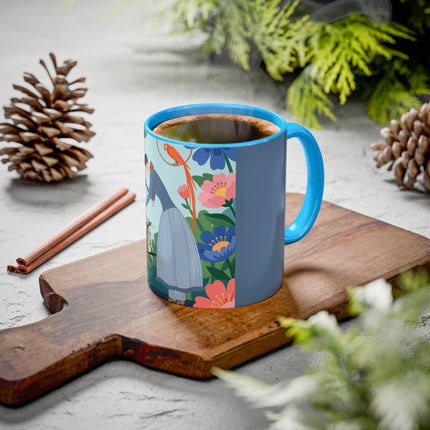 The Lady And The Mysterious Bird Colorful Mugs – Art Deco Botanical Mystery