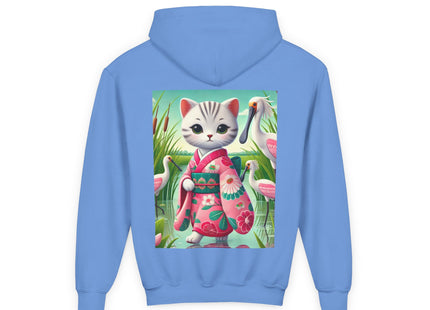 Geisha Kitten Strolls Among the Spoonbills Youth Heavy Blend Hooded Sweatshirt