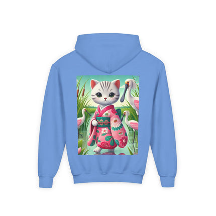Geisha Kitten Strolls Among the Spoonbills Youth Hooded Sweatshirt – Graceful Nature & Whimsical Charm