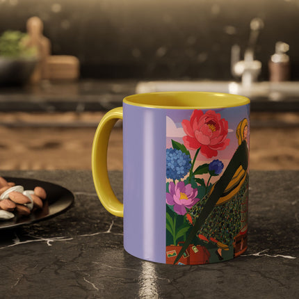 The Lady And The Crimson Birdcage Colorful Mugs – Art Deco Tropical Garden Elegance