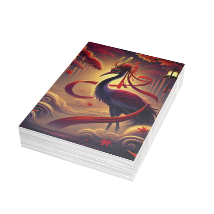 Regal Crimson Crane in the Autumn Mist Postcards (envelopes included) - Bundles of 10, 30, 50 Pieces