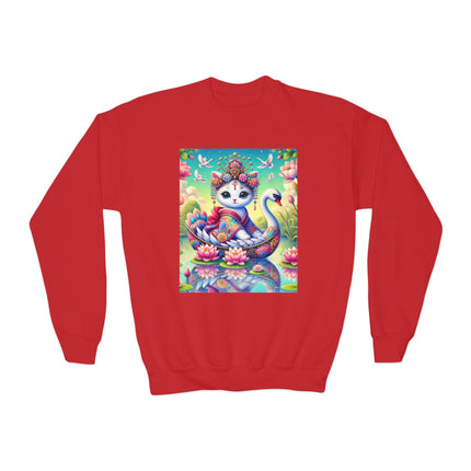Geisha Kitten’s River Voyage Youth Crewneck Sweatshirt – Grace, Adventure & Storybook Charm
