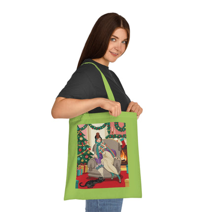 🔥🎄 The Lady Of The Christmas Hearth Cotton Tote Bag – Art Deco Holiday Warmth