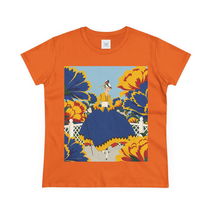 💙🌼 The Golden Petal Promenade Cotton Tee – Art Deco Floral Elegance