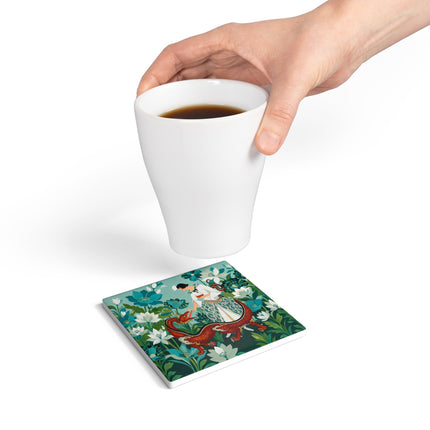🐉🌿 The Dragon Keeper Ceramic Coaster – Art Deco Floral Fantasy