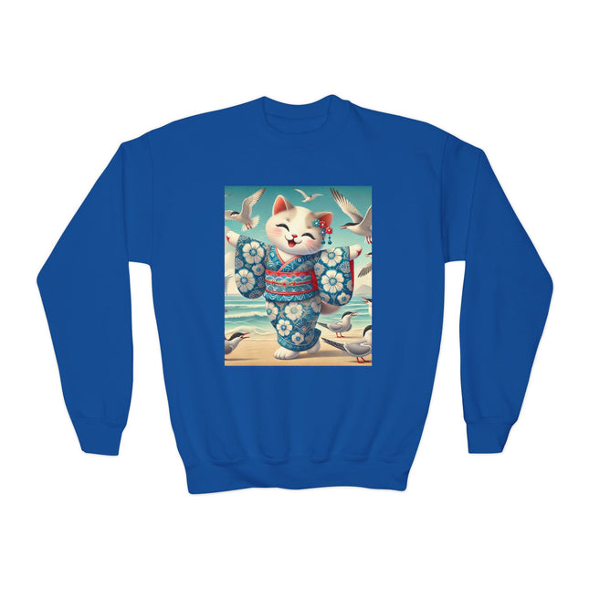 Geisha Kitten by the Seaside Youth Crewneck Sweatshirt – Coastal Charm, Joy & Whimsical Elegance