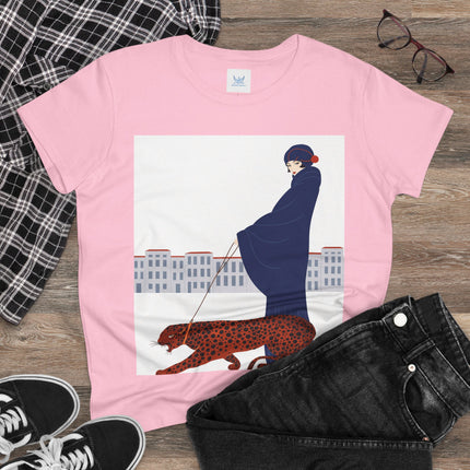 🐆🖤 The Lady With The Leopard Cotton Tee – Art Deco Fashion Illustration