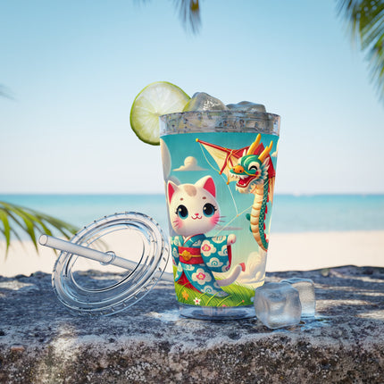 Geisha Kitten and the Dragon Kite Sunsplash Tumbler with Straw, 16oz