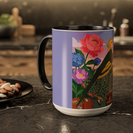 The Lady And The Crimson Birdcage Colorful Mugs – Art Deco Tropical Garden Elegance