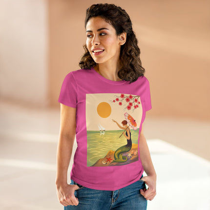 🧜‍♀️🌸 The Mermaid Beneath The Blossoms Cotton Tee – Art Deco Seaside Fantasy