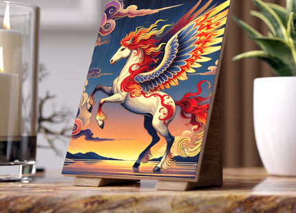 Flame-Winged Horse at Sunset Ceramic Tile
