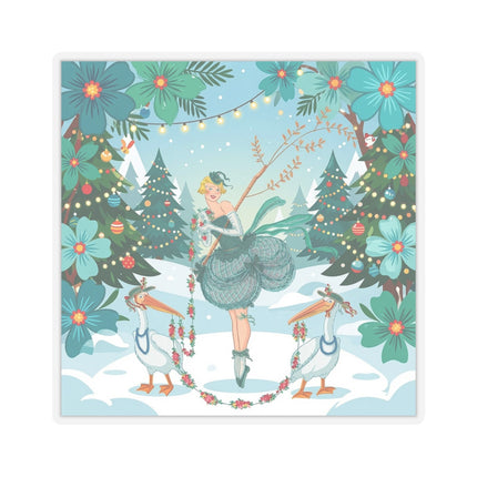 🦩🎄 The Lady Of The Christmas Garland Birds Kiss-Cut Sticker – Whimsical Art Deco Holiday Fantasy