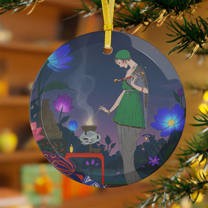 🌙🪷 Moonlit Incense Ceremony Glass Ornament – Art Deco Meditation Garden