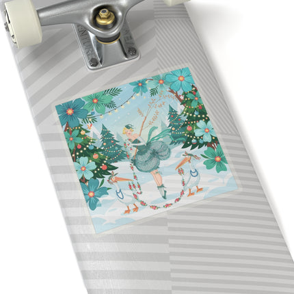 🦩🎄 The Lady Of The Christmas Garland Birds Kiss-Cut Sticker – Whimsical Art Deco Holiday Fantasy