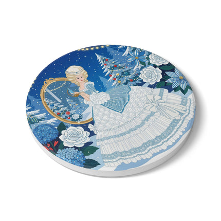 💙❄️ The Lady Of The Winter Looking Glass Ceramic Coaster – Art Deco Christmas Fantasy