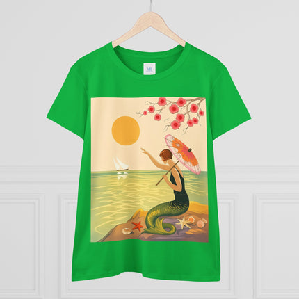 🧜‍♀️🌸 The Mermaid Beneath The Blossoms Cotton Tee – Art Deco Seaside Fantasy