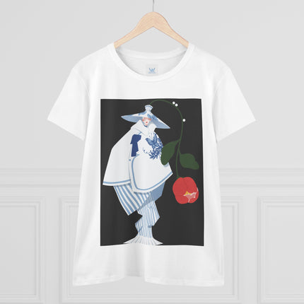 Blue & White Porcelain Geisha Women's Midweight Cotton Tee – Refined Elegance & Timeless Charm