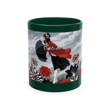 ☂️🌹 The Lady In The Windy Rose Garden Ceramic Mug – Art Deco Fashion Whimsy