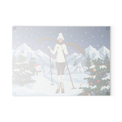 🎿🎄 The Christmas Mountain Skier Glass Cutting Board – Art Deco Winter Holiday Adventure