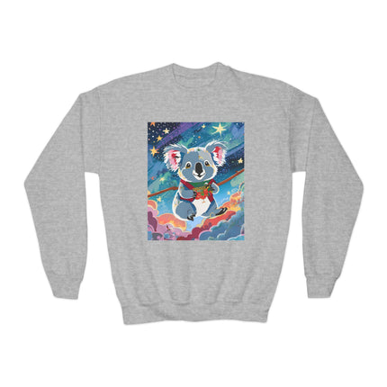 Cute Koala Youth Crewneck Sweatshirt – Dreamy Sky Adventure & Whimsical Wonder