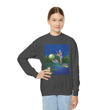 Fairy on a Dragonfly Youth Crewneck Sweatshirt – Enchanting Moonlit Fantasy