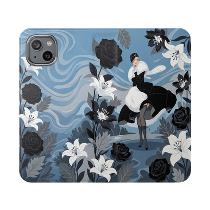 🖤🤍 The Lady Of The Black Rose Garden Flip Case – Art Deco Floral Elegance
