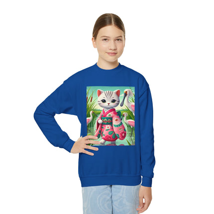 Geisha Kitten Strolls Among the Spoonbills Youth Crewneck Sweatshirt – Grace, Nature & Whimsical Elegance