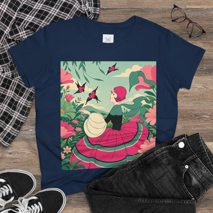 🐦🌺 The Garden Of Flying Birds Cotton Tee – Art Deco Floral Whimsy
