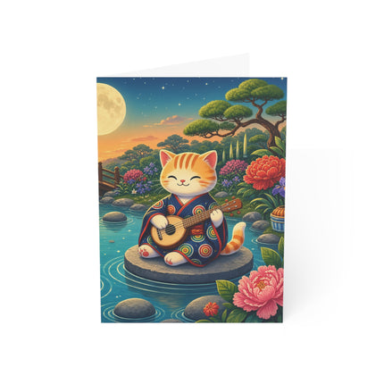 🌕🎸 The Moonlight Koi Serenade Kitten Greeting Card – Whimsical Japanese Garden