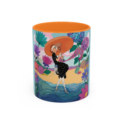The Lady Of The Coral Parasol Colorful Mugs – Art Deco Coastal Elegance
