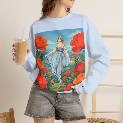 🌺🩵 The Poppy Hill Promenade Crewneck Sweatshirt – Art Deco Fashion Whimsy