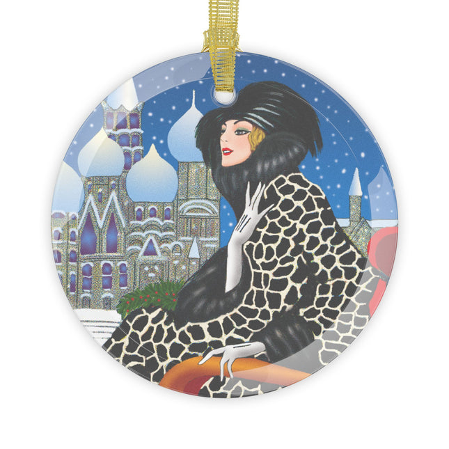 Elegant Winter Woman in Sleigh Glass Ornament