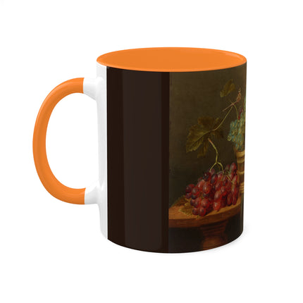 Basket of Grapes and a Pomegranate on a Table by Jacob van Hulsdonck Colorful Mugs, 11oz