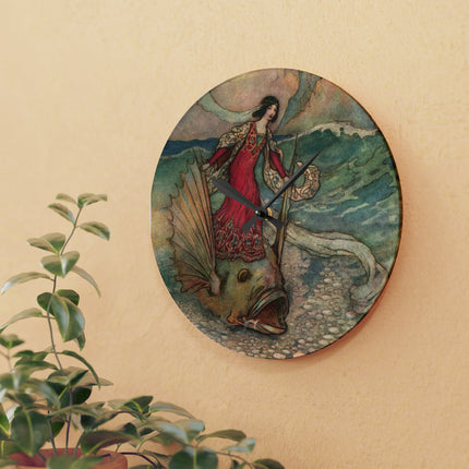 Rita Rides on the Dolphin by Warwick Goble Acrylic Wall Clock, Round & Square