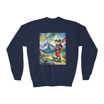 Skateboarding Frog Youth Crewneck Sweatshirt – Playful Energy & Colorful Adventure
